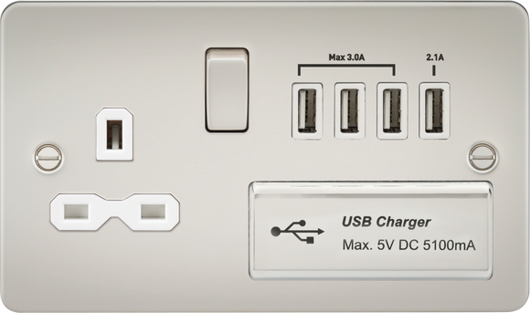 Knightsbridge FPR7USB4PLW Flat plate 13A switched socket with quad USB charger - pearl with white insert