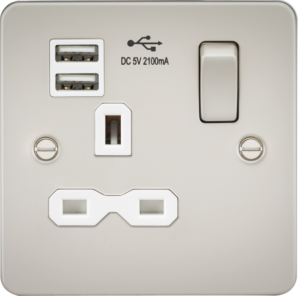 Knightsbridge FPR9901PLW Flat plate 13A 1G switched socket with dual USB charger (2.1A) - pearl with white insert