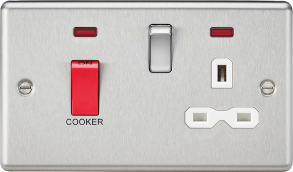 Knightsbridge CL83BCW 45A DP Cooker Switch & 13A Switched Socket with Neons & White Insert - Rounded Edge Brushed Chrome