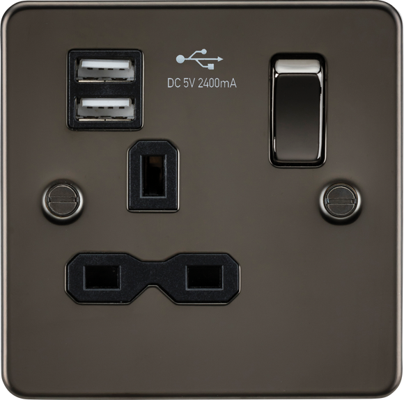 Knightsbridge FPR9124GM Flat plate 13A 1G switched socket with dual USB charger (2.4A) - gunmetal with black insert