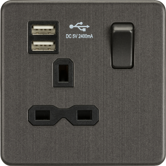 Knightsbridge SFR9124SB Screwless 13A 1G switched socket with dual USB charger (2.4A) - Smoked Bronze