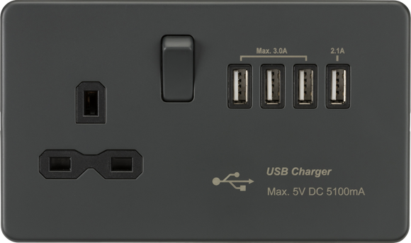 Knightsbridge SFR7USB4AT Screwless 13A switched socket with Quad USB charger (5.1A) - Anthracite