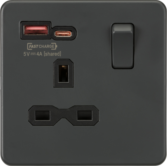 Knightsbridge SFR9919AT 13A 1G Switched Socket with dual USB [FASTCHARGE] A+C - Anthracite