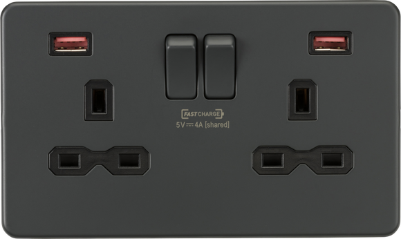 Knightsbridge SFR9908AT Screwless 13A 2G DP Switched Socket w/ Dual USB FASTCHARGE ports A/A (5-12V 4A shared) - Anthracite