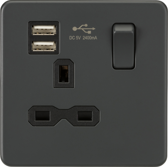 Knightsbridge SFR9124AT Screwless 13A 1G switched socket with dual USB charger (2.4A) - Anthracite