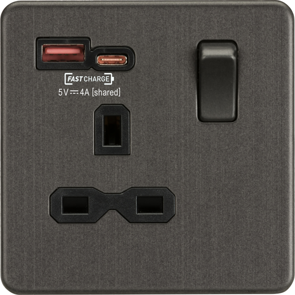 Knightsbridge SFR9919SB 13A 1G Switched Socket with dual USB [FASTCHARGE] A+C - Smoked Bronze