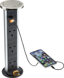 Knightsbridge SK9909BC IP54 3G pop-up socket with dual USB charger A+C (FASTCHARGE) - Brushed chrome Cap