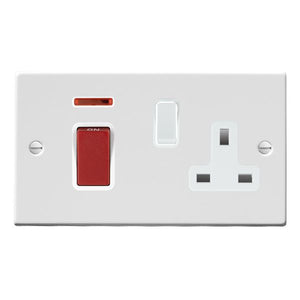 Hamilton 7045SS1WH-W Hartland Gloss White 45A Double Pole Rocker + Neon + 13A Switched Socket Red+White/White Insert