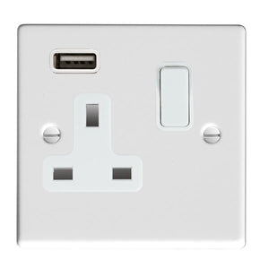 Hamilton 70SS1USBWH-W Hartland Gloss White 1 gang 13A Single Pole Switched Socket with 1 USB Outlets 1x2.1A White/White Insert