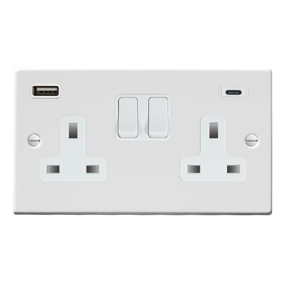 Hamilton 70SS2USBCWH-W Hartland Gloss White 2 gang 13A Double Pole Switched Socket with 1 USB + 1 USB Type C Outlet 2x2.4A White/White - NOT Suitable for Over Painting Insert