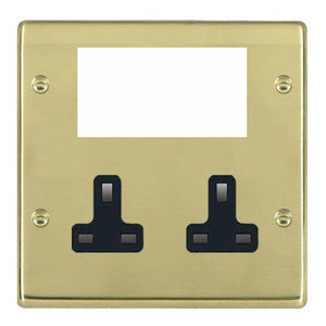 Hamilton 71MED1B Hartland EuroFix Polished Brass Media Plate EURO4 aperture + 2 X13A Unswitched Socket Black Insert