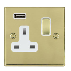 Hamilton 71SS1USBPB-W Hartland Polished Brass 1 gang 13A Single Pole Switched Socket with 1 USB Outlets 1x2.1A Polished Brass/White Insert