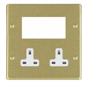 Hamilton 72MED1W Hartland EuroFix Satin Brass Media Plate EURO4 aperture + 2 X13A Unswitched Socket White Insert