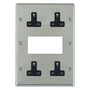 Hamilton 73MED2B Hartland EuroFix Bright Steel Media Plate EURO4 aperture + 4 X13A Unswitched Socket Black Insert