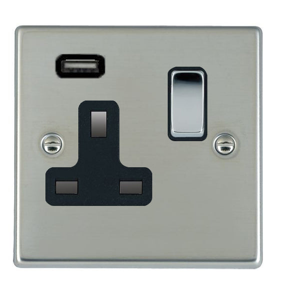 Hamilton 73SS1USBBC-B Hartland Bright Steel 1 gang 13A Single Pole Switched Socket with 1 USB Outlets 1x2.1A Bright Chrome/Black Insert