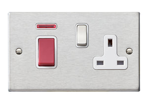 Hamilton 7445SS1SS-W Hartland Satin Steel 45A Double Pole Rocker + Neon + 13A Switched Socket Red+Satin Steel/White Insert