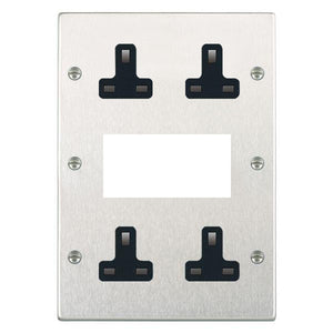 Hamilton 74MED2B Hartland EuroFix Satin Steel Media Plate EURO4 aperture + 4 X13A Unswitched Socket Black Insert