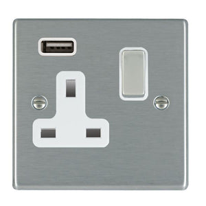 Hamilton 74SS1USBSS-W Hartland Satin Steel 1 gang 13A Single Pole Switched Socket with 1 USB Outlets 1x2.1A Satin Steel/White Insert