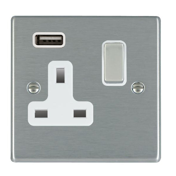 Hamilton 74SS1USBSS-W Hartland Satin Steel 1 gang 13A Single Pole Switched Socket with 1 USB Outlets 1x2.1A Satin Steel/White Insert