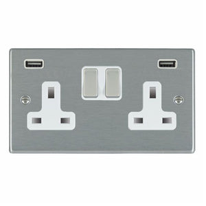 Hamilton 74SS2USBULTSS-W Hartland Satin Steel 2 gang 13A Double Pole Switched Socket with 2 USB Ultra Outlets 2x2.4A Satin Steel/White Insert