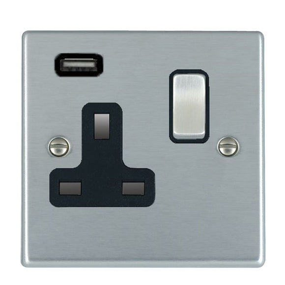 Hamilton 76SS1USBSC-B Hartland Satin Chrome 1 gang 13A Single Pole Switched Socket with 1 USB Outlets 1x2.1A Satin Chrome/Black Insert