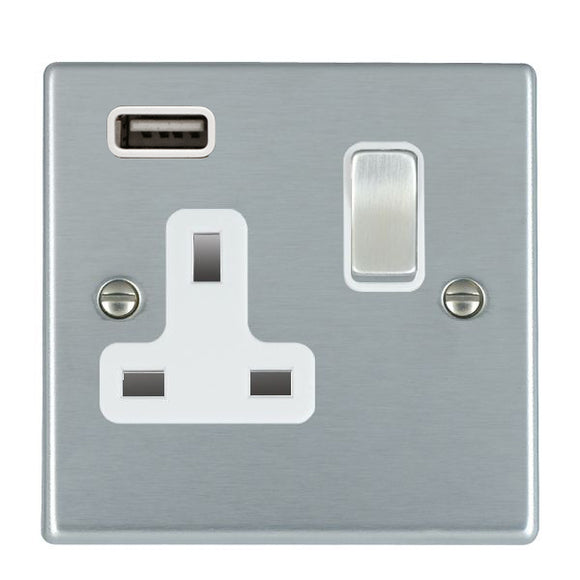 Hamilton 76SS1USBSC-W Hartland Satin Chrome 1 gang 13A Single Pole Switched Socket with 1 USB Outlets 1x2.1A Satin Chrome/White Insert