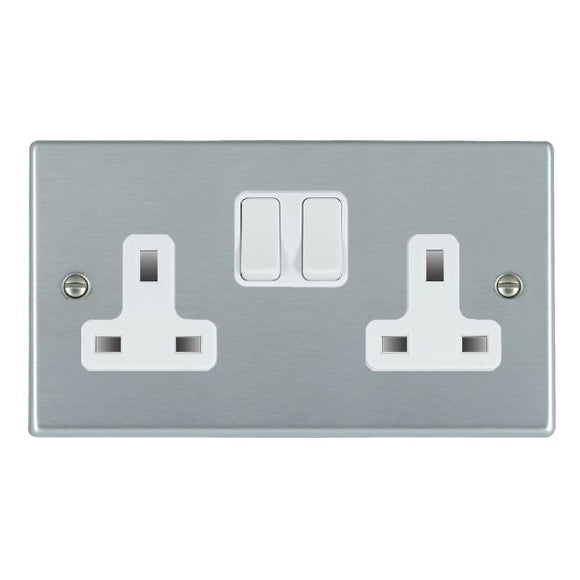 Hamilton 76SS2WH-W Hartland Satin Chrome 2 gang 13A Double Pole Switched Socket White/White Insert