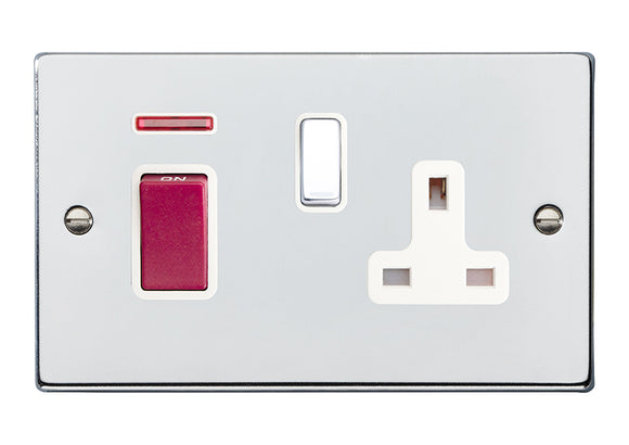 Hamilton 7745SS1BC-W Hartland Bright Chrome 45A Double Pole Rocker + Neon + 13A Switched Socket Red+Bright Chrome/White Insert