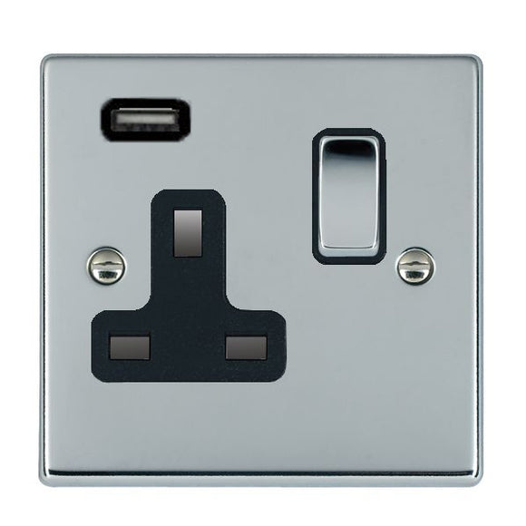 Hamilton 77SS1USBBC-B Hartland Bright Chrome 1 gang 13A Single Pole Switched Socket with 1 USB Outlets 1x2.1A Bright Chrome/Black Insert