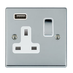 Hamilton 77SS1USBBC-W Hartland Bright Chrome 1 gang 13A Single Pole Switched Socket with 1 USB Outlets 1x2.1A Bright Chrome/White Insert