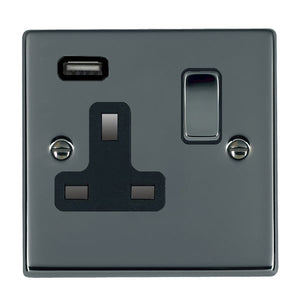 Hamilton 78SS1USBBK-B Hartland Black Nickel 1 gang 13A Single Pole Switched Socket with 1 USB Outlets 1x2.1A Black Nickel/Black Insert