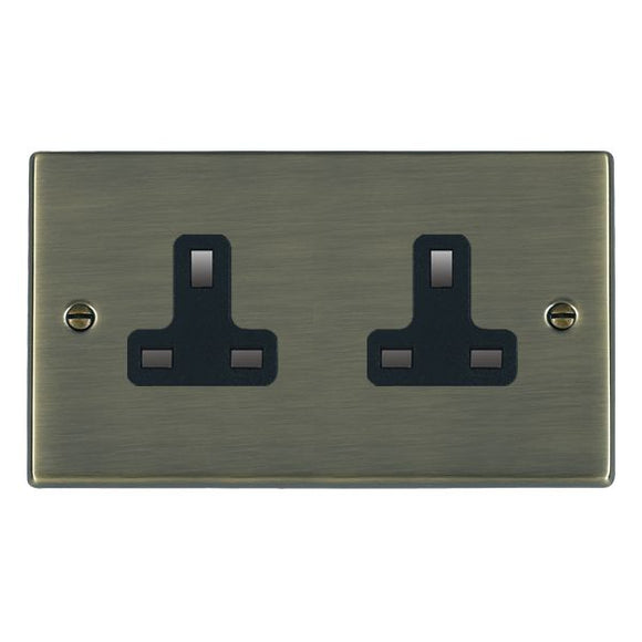 Hamilton 79US99B Hartland Antique Brass 2 gang 13A Unswitched Socket Black Insert