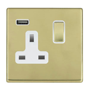 Hamilton 7G21SS1USBPB-W Hartland G2 Polished Brass 1 gang 13A Single Pole Switched Socket with 1 USB Outlets 1x2.1A Polished Brass/White Insert