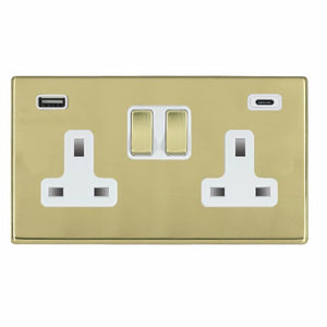 Hamilton 7G21SS2USBCPB-W Hartland G2 Polished Brass 2 gang 13A Double Pole Switched Socket with 1 USB + 1 USB Type C Outlet 2x2.4A Polished Brass/White Insert