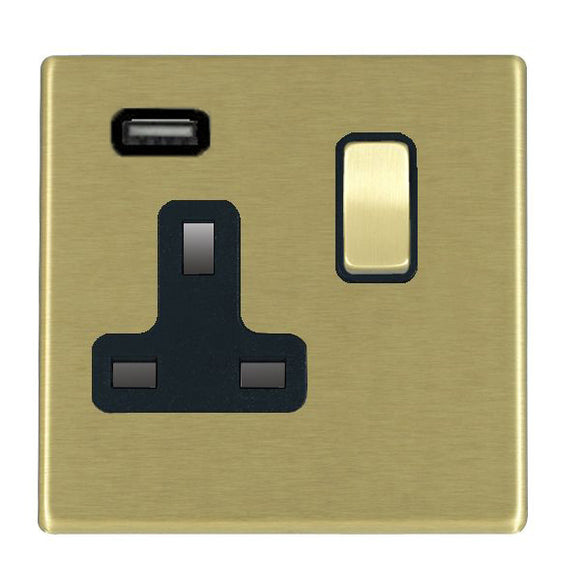 Hamilton 7G22SS1USBSB-B Hartland G2 Satin Brass 1 gang 13A Single Pole Switched Socket with 1 USB Outlets 1x2.1A Satin Brass/Black Insert