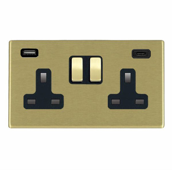 Hamilton 7G22SS2USBCSB-B Hartland G2 Satin Brass 2 gang 13A Double Pole Switched Socket with 1 USB + 1 USB Type C Outlet 2x2.4A Satin Brass/Black Insert