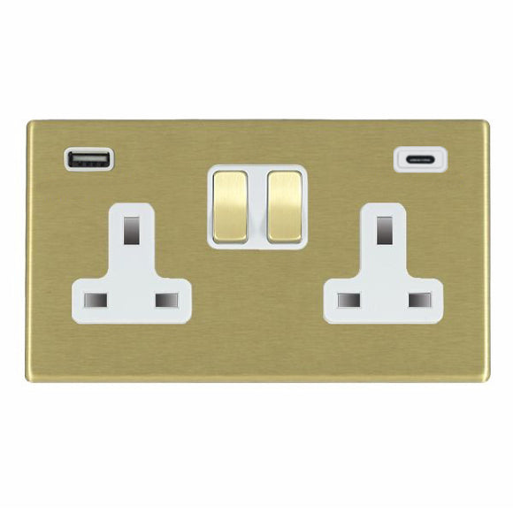 Hamilton 7G22SS2USBCSB-W Hartland G2 Satin Brass 2 gang 13A Double Pole Switched Socket with 1 USB + 1 USB Type C Outlet 2x2.4A Satin Brass/White Insert