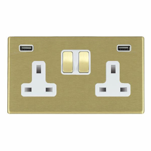 Hamilton 7G22SS2USBULTSB-W Hartland G2 Satin Brass 2 gang 13A Double Pole Switched Socket with 2 USB Ultra Outlets 2x2.4A Satin Brass/White Insert