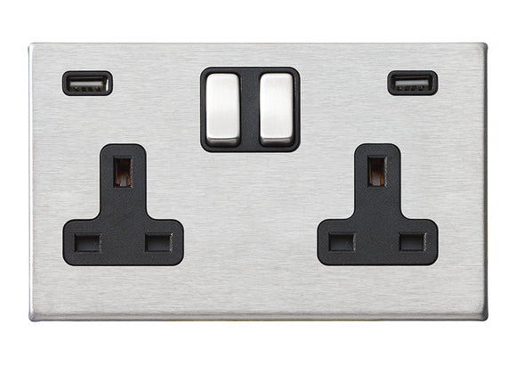 Hamilton 7G24SS2USBULTSS-B Hartland G2 Satin Steel 2 gang 13A Double Pole Switched Socket with 2 USB Ultra Outlets 2x2.4A Satin Steel/Black Insert