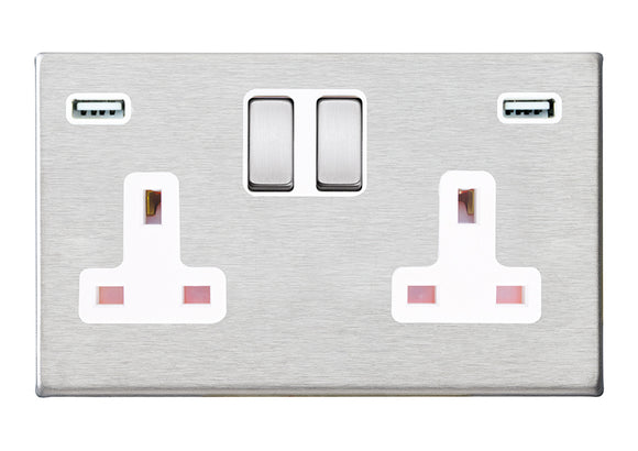 Hamilton 7G24SS2USBULTSS-W Hartland G2 Satin Steel 2 gang 13A Double Pole Switched Socket with 2 USB Ultra Outlets 2x2.4A Satin Steel/White Insert