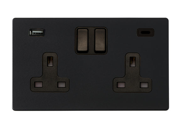 Hamilton 7G2MBSS2USBCBL-B Hartland G2 Matt Black 2 gang 13A Double Pole Switched Socket with 1 USB + 1 USB Type C Outlet 2x2.4A Black/Black Insert