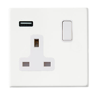 Hamilton 7G2MWSS1USBWH-W Hartland G2 Matt White 1 gang 13A Single Pole Switched Socket with 1 USB Outlets 1x2.1A White/White Insert