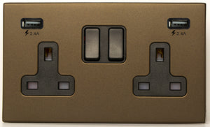 Hamilton 7G2RBSS2USBULTBL-B Hartland G2 Richmond Bronze 2 gang 13A Double Pole Switched Socket with 2 USB Ultra Outlets 2x2.4A Black/Black Insert