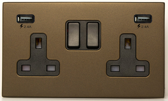 Hamilton 7G2RBSS2USBULTBL-B Hartland G2 Richmond Bronze 2 gang 13A Double Pole Switched Socket with 2 USB Ultra Outlets 2x2.4A Black/Black Insert