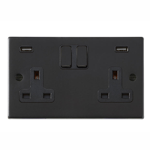 Hamilton 7MBSS2USBULTBL-B Hartland Matt Black 2 gang 13A Double Pole Switched Socket with 2 USB Ultra Outlets 2x2.4A Black/Black - NOT Suitable for Over Painting Insert