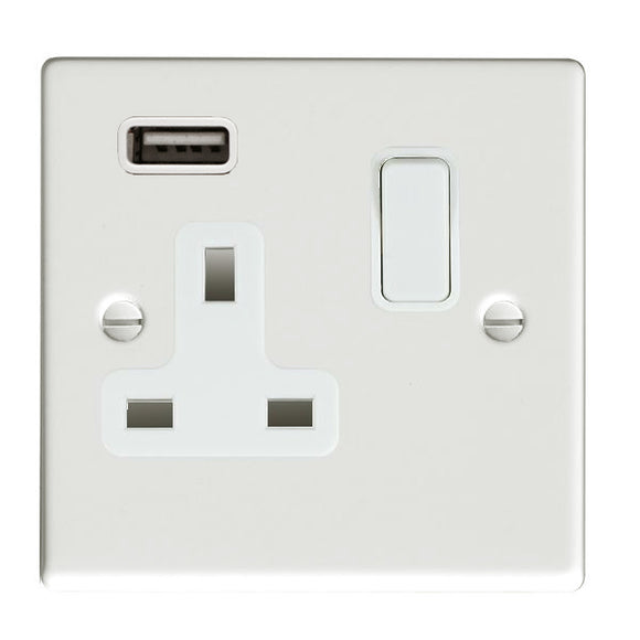 Hamilton 7MWSS1USBWH-W Hartland Matt White 1 gang 13A Single Pole Switched Socket with 1 USB Outlets 1x2.1A White/White - NOT Suitable for Over Painting Insert