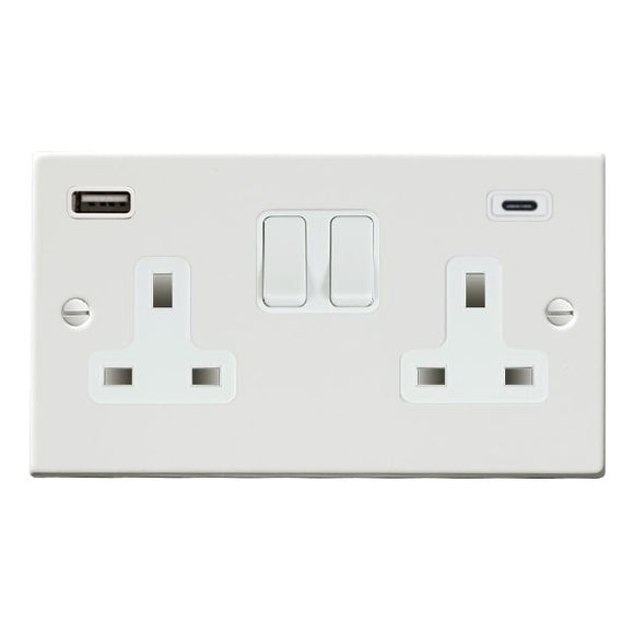 Hamilton 7MWSS2USBCWH-W Hartland Matt White 2 gang 13A Double Pole Switched Socket with 1 USB + 1 USB Type C Outlet 2x2.4A White/White - NOT Suitable for Over Painting Insert