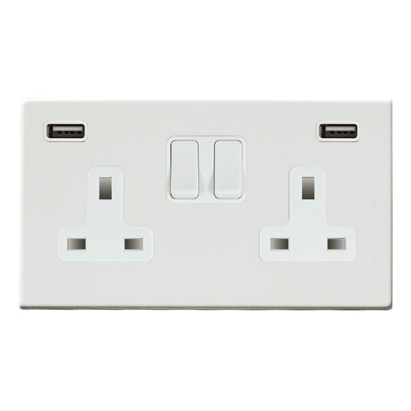 Hamilton 7WPCSS2USBULTWH-W Hartland CFX Primed White 2 gang 13A Double Pole Switched Socket with 2 USB Ultra Outlets 2x2.4A White/White Insert