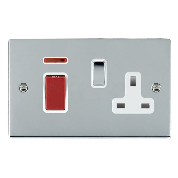 Hamilton 8745SS1BC-W Sheer Bright Chrome 45A Double Pole Rocker + Neon + 13A Switched Socket Red+Bright Chrome/White Insert