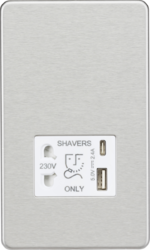 Knightsbridge SF8909BCW Screwless Shaver Socket with Dual USB A+C (5V DC 2.4A Shared) - Brushed Chrome with White Inserts